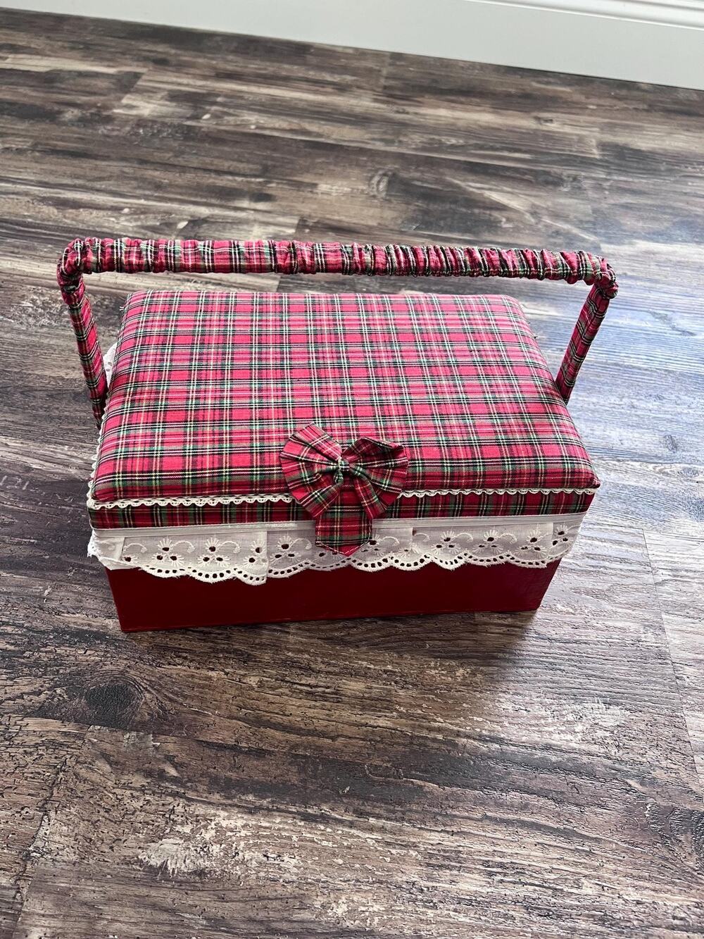 Vintage Sewing Box with Notions, Red Plaid Sewing Basket, Retro Collection